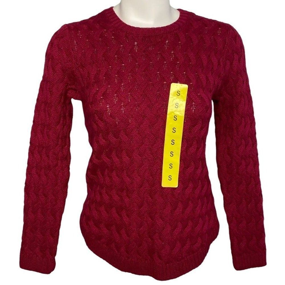 Jeanne Pierre Sweater Top Women's SMALL Dark Red Cable Knit Crewneck Cotton NEW